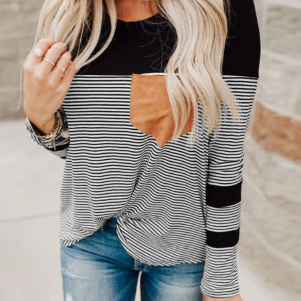 Black Pinstripe Patch Pocket Top